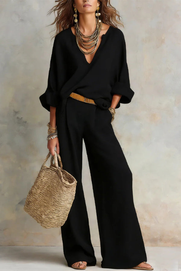 Linen Blend Solid Color Loose V-neck Top and Elastic Waist Pocket Casual Wide-leg Pants Set