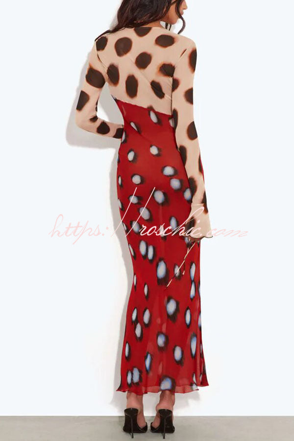 Sabine Animal and Butterfly Print Colorblock Long Sleeve Bias Cut Maxi Dress