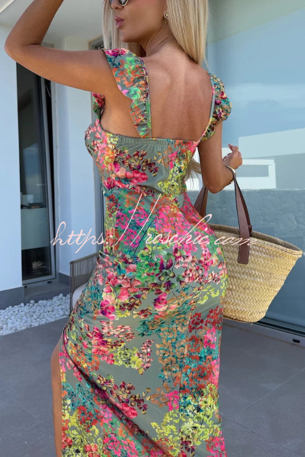 Elegant Floral Print Square Neckline Slim-fit Slit Midi Dress