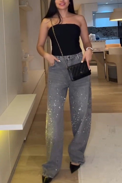 Fashion Star Rhinestone High Rise Casual Pocket Straight Loose Jeans