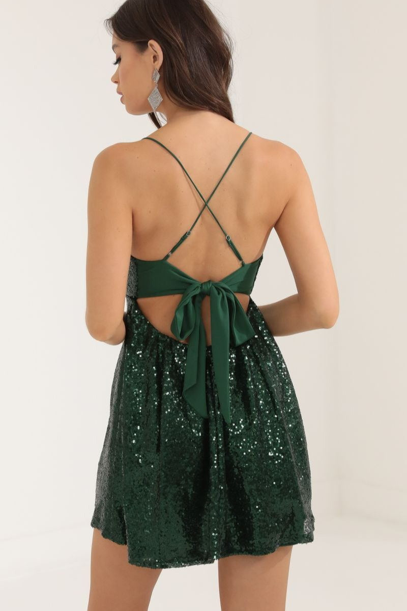Spaghetti Strap Bow Contrast Chic  Sequin Dress