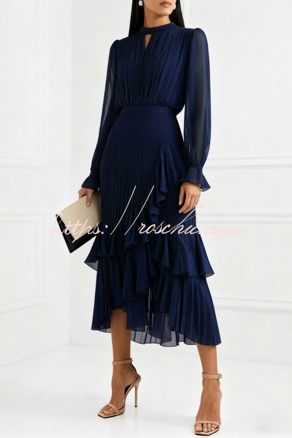 Solid Color Round Neck Long Sleeve Fitted Waist Pleated Ruffle Midi Dress