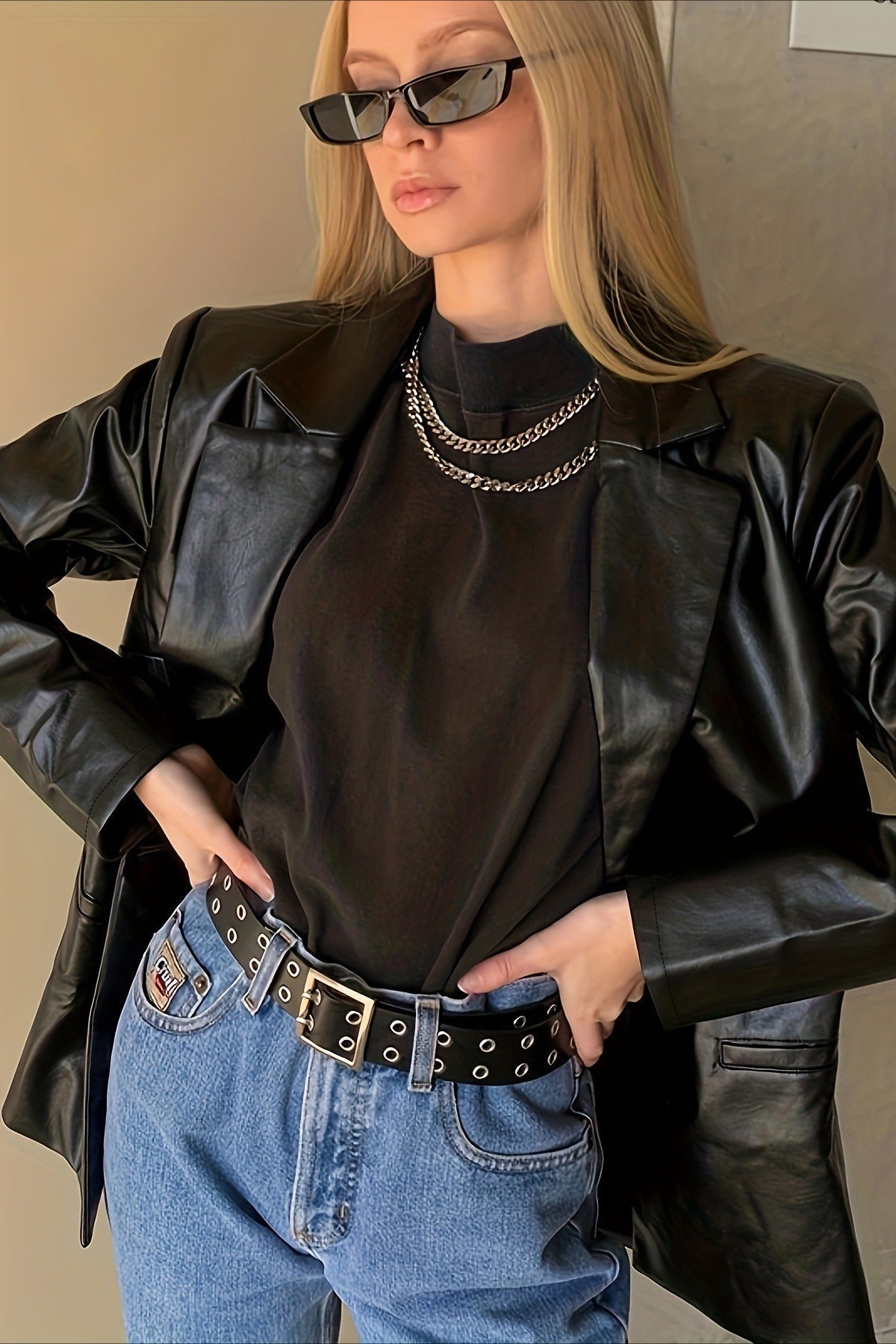 Chaqueta Blazer de PU Suelta Elegante