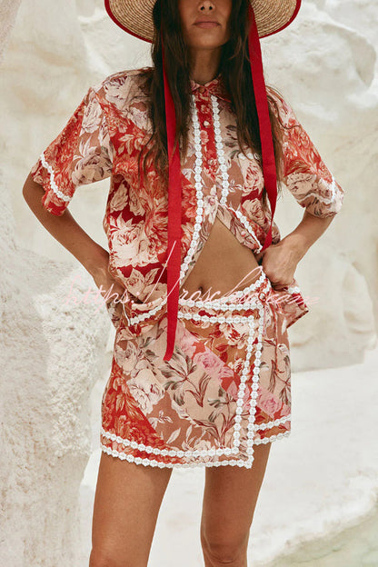Floral Print Collared Short-sleeved Loose-fitting Shirt and Casual Floral Trim Mini Skirt Set