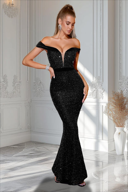 Vestido de Noche Formal con Lentejuelas, Hombros al Descubierto y Abertura