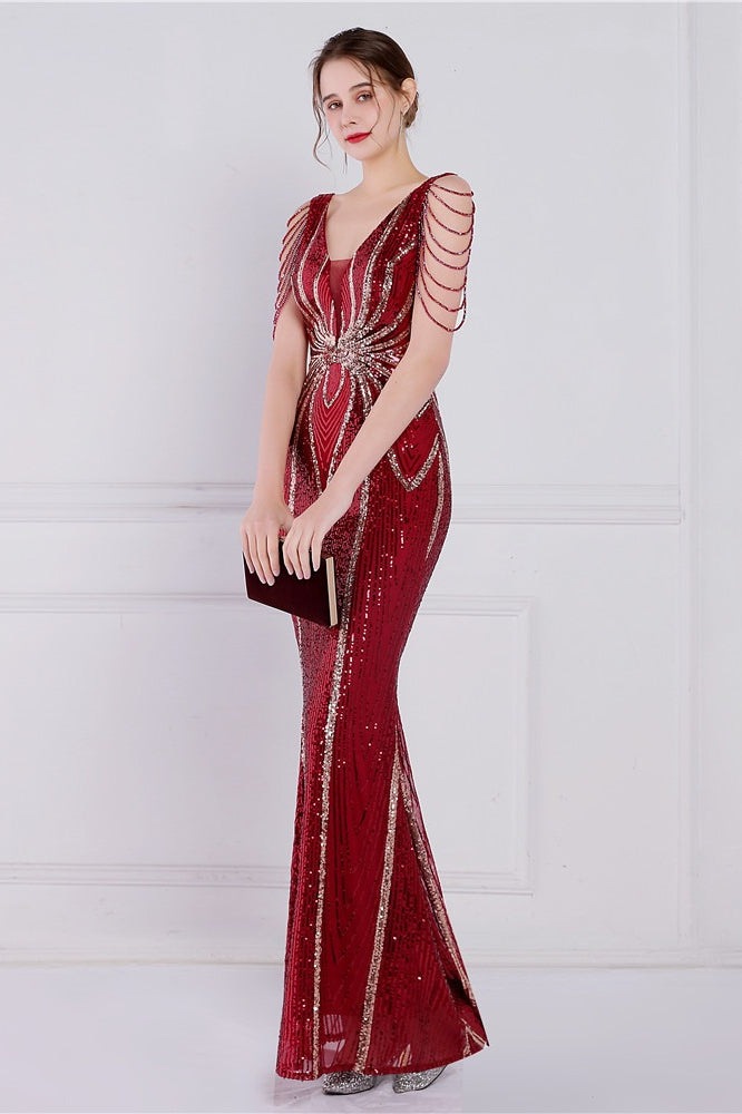 Vestido de fiesta de sirena con lentejuelas florales y pedrería