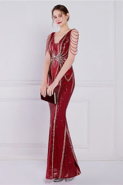 Vestido de fiesta de sirena con lentejuelas florales y pedrería