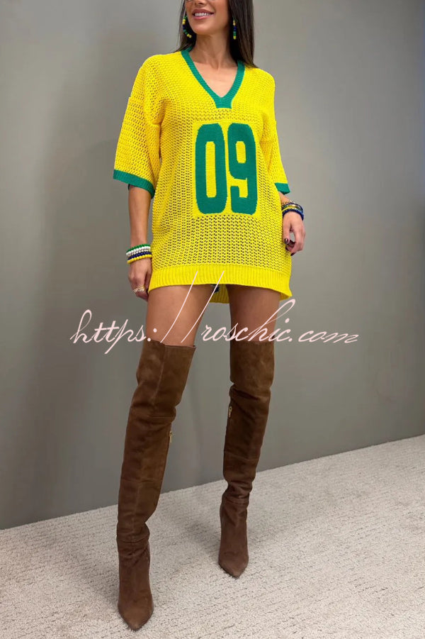 World Cup Digital Jacquard Loose V-neck Short-sleeved Knit Top