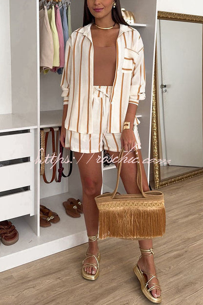 Leisure Time Striped Print Button Long Sleeve Shirt and Elastic Waist Pocket Loose Shorts Set