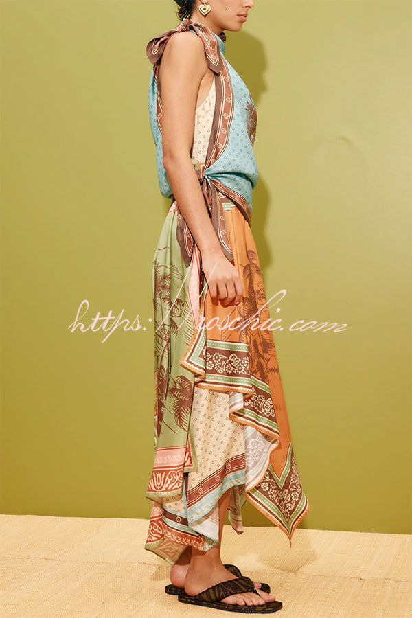 Alberta Satin Unique Color-blocked Print Tie Detail Layered Scarf Midi Dress