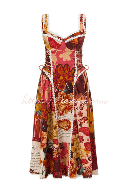 Unique Printed Floral Trim Suspender Side Tie Vacation Midi Dress