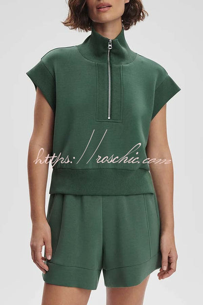 Buttery Touch Half-Zip Short Sleeve Sweatshirt and Elastic Waist Pocket Casual Shorts Set
