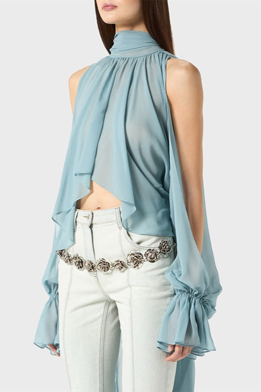 Blusa holgada con cuello irregular y tirantes halter de color liso
