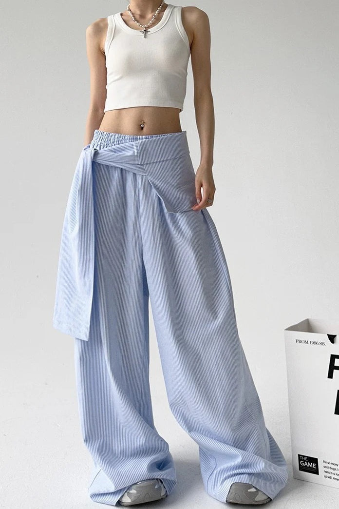 Pantalones Anchos Casuales con Raya y Cinturón