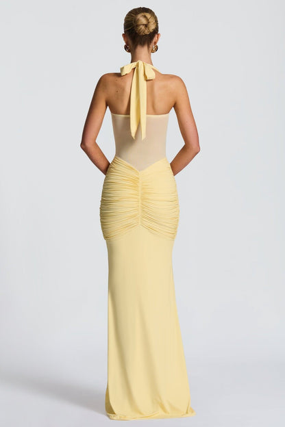 Vestido largo de fiesta de malla con tirantes finos