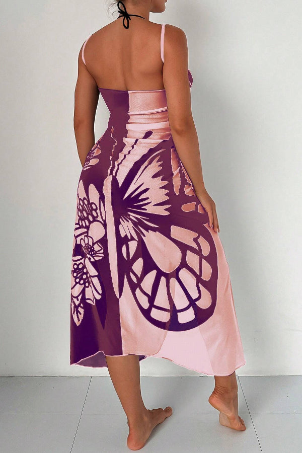Fashionable Color-blocked Butterfly Print Resort Cover-up Midi Dress