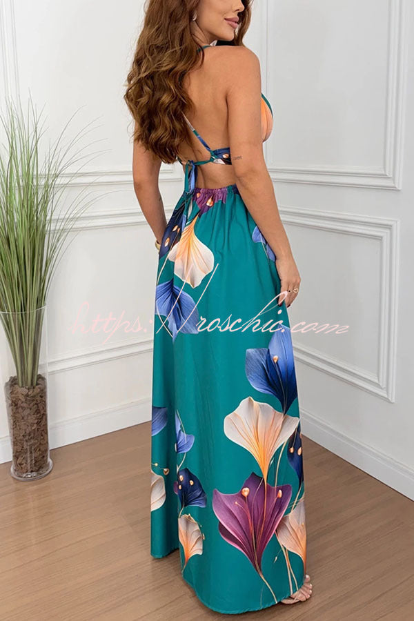 Seinah Floral Print Cutout Waist Open Back Lace-up Slit Maxi Dress