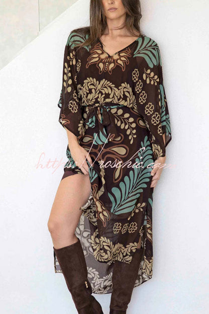 Bohemian Style Unique Printed Chiffon Loose-fitting Belted Maxi Dress