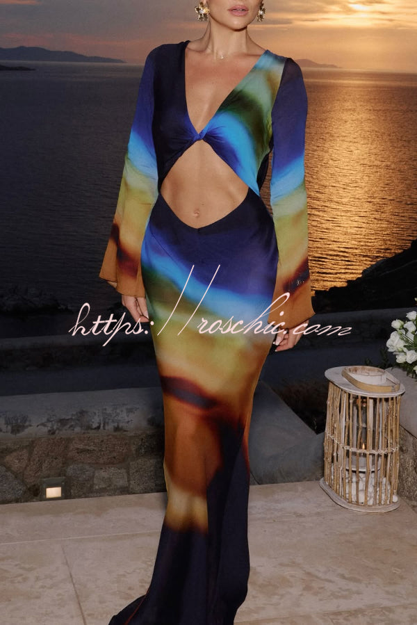 Medellin Neon Print Cowl Neck Twist Detail Long Sleeve Vacation Maxi Dress