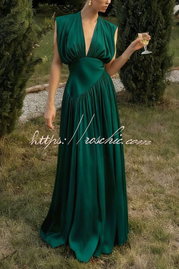 Elegant V-neck Sleeveless Fitted Waist High Slit Vacation Maxi Dress