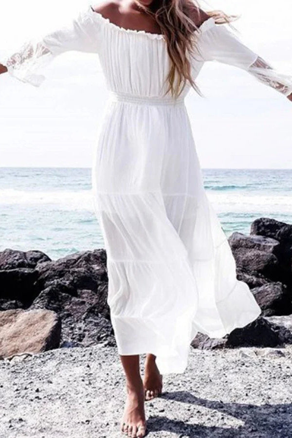 Vestido bohemio con hombros descubiertos y mangas acampanadas