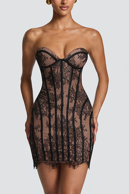 Jaya Floral Lace Contrast Structural Detail Back Lace-up Strapless Slit Mini Dress