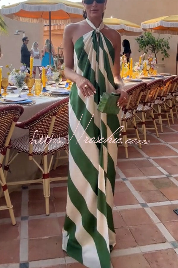 Most Dreamy Stripe Print Halter Tie-up Backless Pocket Loose Maxi Dress