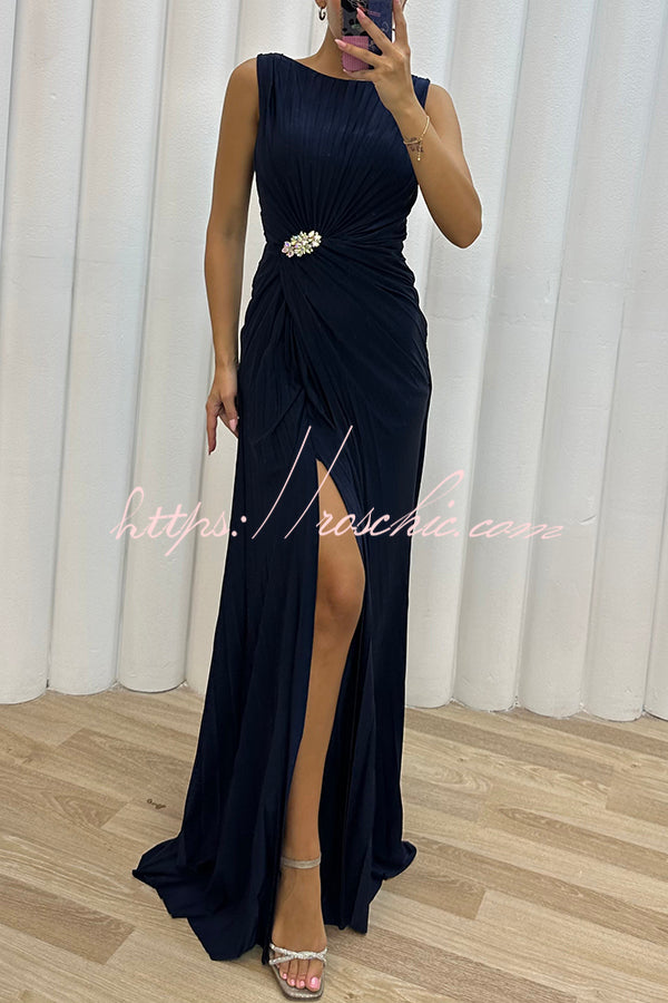 Pretty Special Pleated Embellished Slit Evening Maxi Dress
