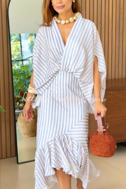 Tierra Striped V-neck Batwing Sleeve Loose Shirt and High Waist Irregular Fishtail Hem Midi Skirt Set