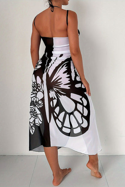 Fashionable Color-blocked Butterfly Print Resort Cover-up Midi Dress