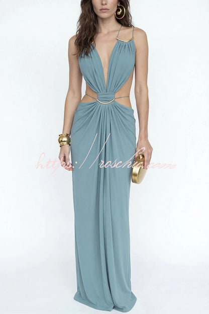 Athena Metal-Link Cutout Design Back Lace-up Drape Maxi Dress
