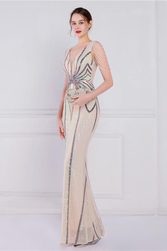 Vestido de fiesta de sirena con lentejuelas florales y pedrería