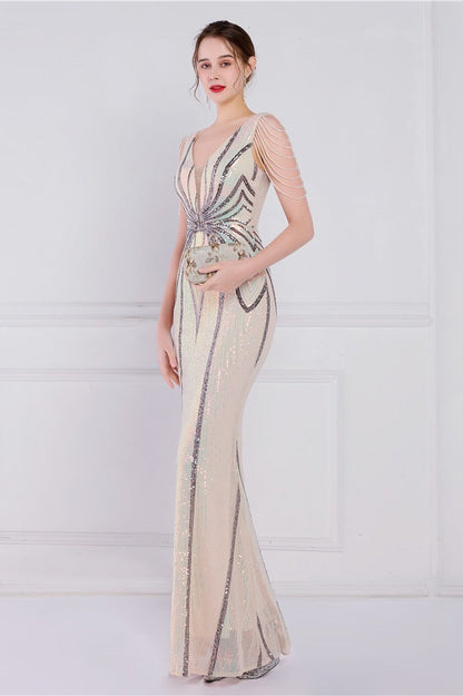 Vestido de fiesta de sirena con lentejuelas florales y pedrería