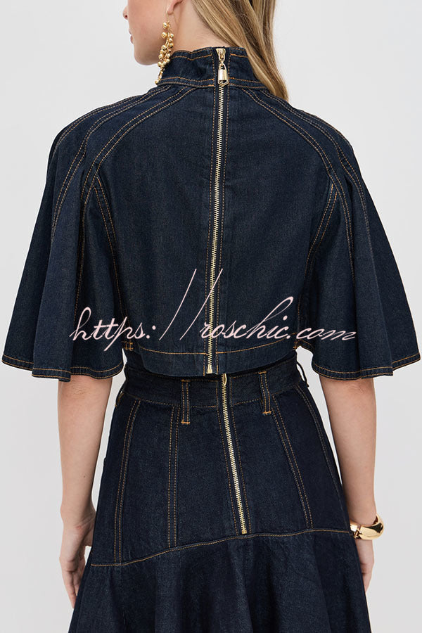 Next Vacation Denim Mock Neck Short Flutter Sleeves Crop Top
