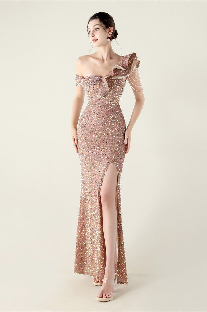 Vestido de fiesta formal con volante y un solo hombro drapeado