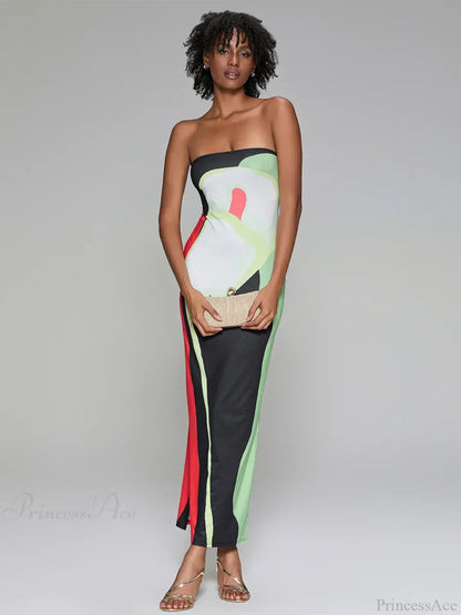 Abstract Print Strapless Side Split Floral Dress