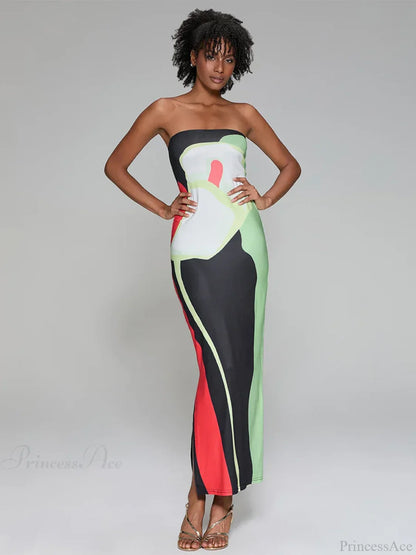Abstract Print Strapless Side Split Floral Dress