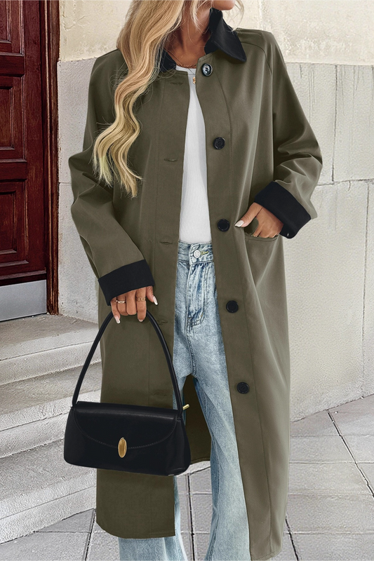 Lapel Color Block Single Breasted Long Office Casual Overcoat