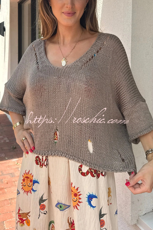 Solid Color Loose V-neck Hollowed-out Casual Knit Top