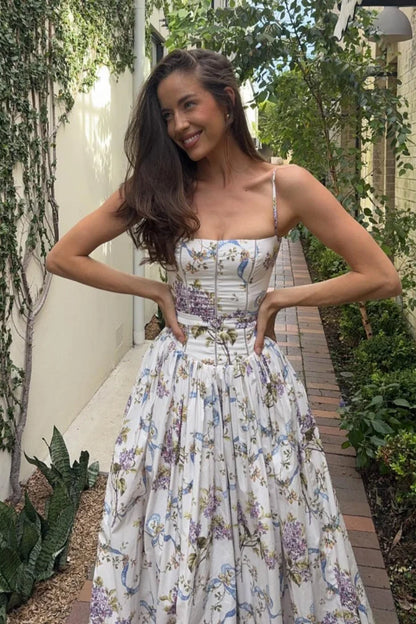 Rayon Printed Strap Pleated Chic Maxi Dress
