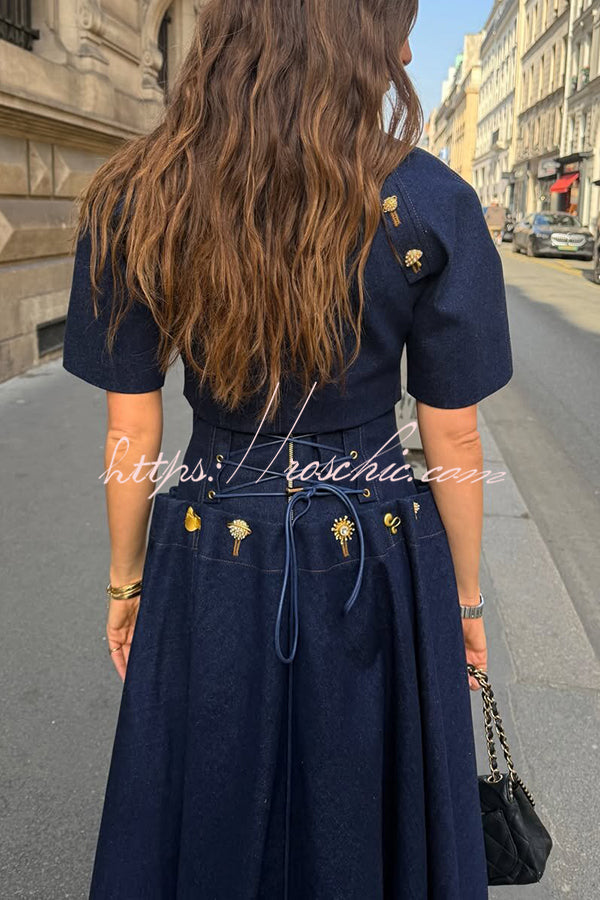Custom Look Denim Unique Metal Pattern Buttons Slit Half Sleeve Crop Jacket
