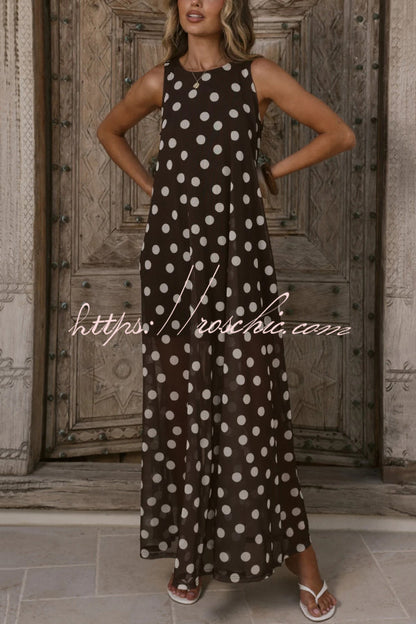 Polka Dot Print Loose Round Neck Sleeveless Mesh Casual Maxi Dress