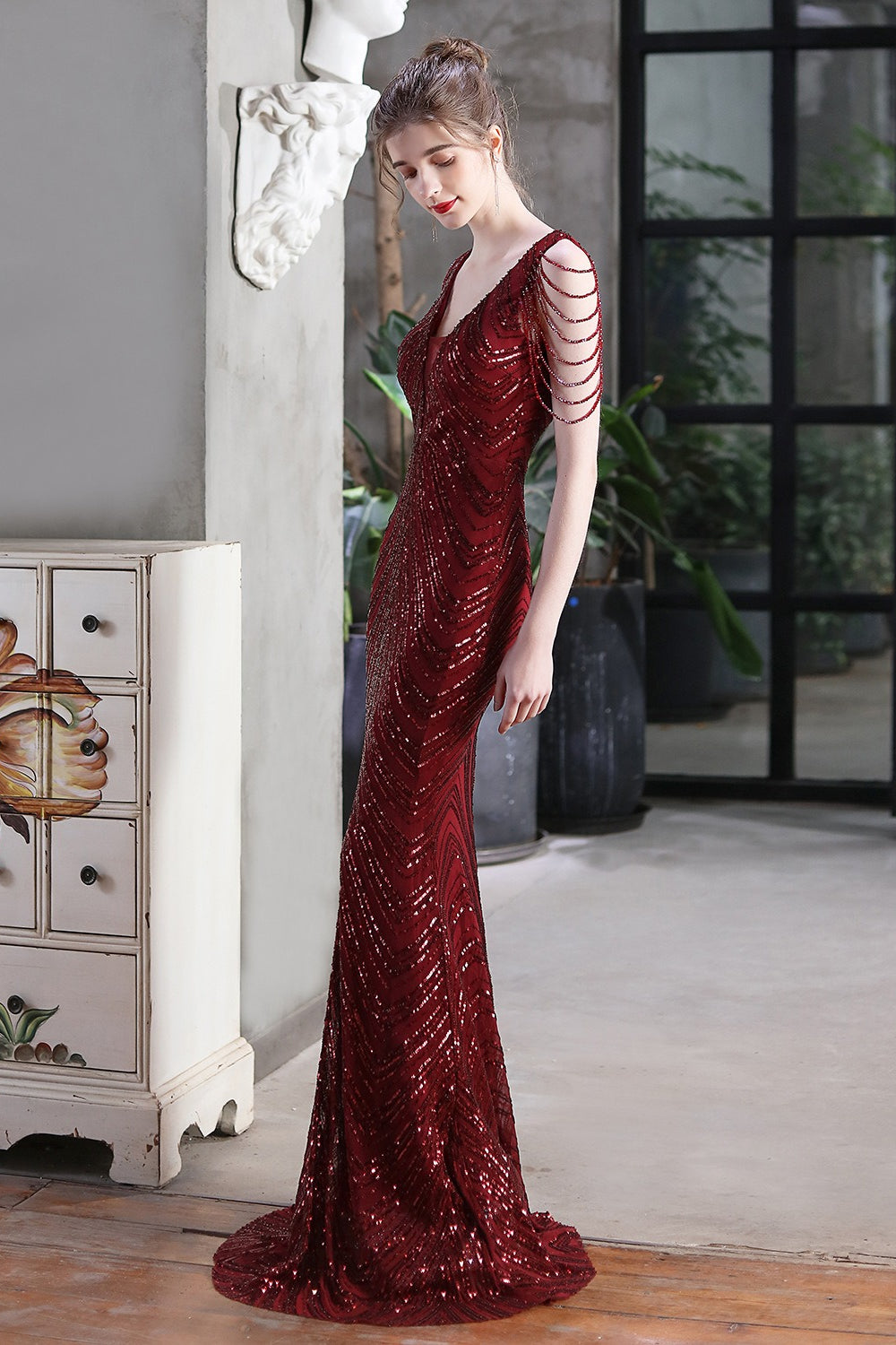 Elegante vestido de fiesta de sirena con lentejuelas