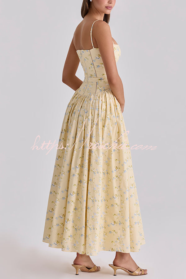 Romantic Countryside Stretch Cotton Blend Floral Print Cutout Trim Slip Midi Dress