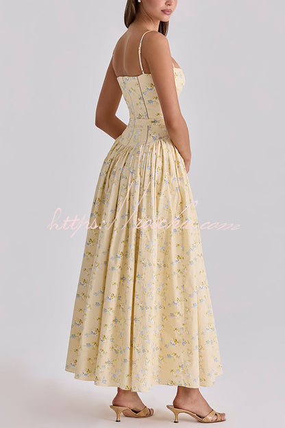 Romantic Countryside Stretch Cotton Blend Floral Print Cutout Trim Slip Midi Dress