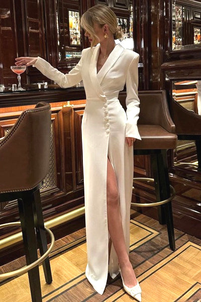 Vestido Largo Maxi Tipo Blazer con Escote en V, Manga Larga y Abertura Alta