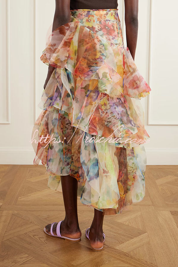 Luna Tulle Watercolor Floral Print Layered Fan-shaped Ruffle Design Maxi Skirt