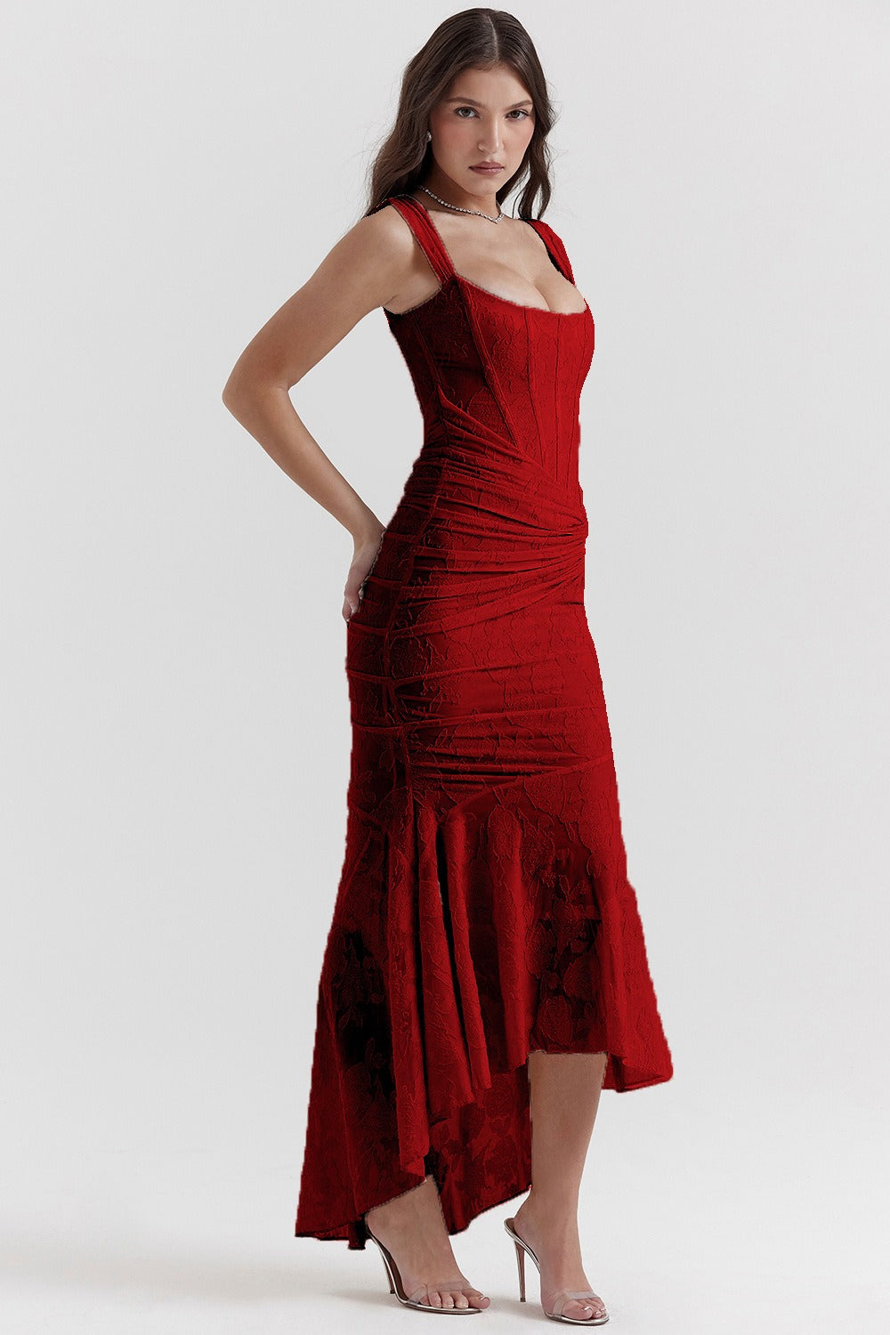 Vestido de gala de sirena de jacquard de malla elástica