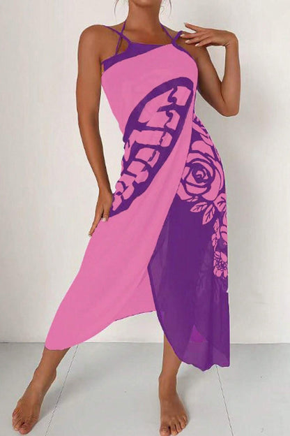 Fashionable Color-blocked Butterfly Print Resort Cover-up Midi Dress