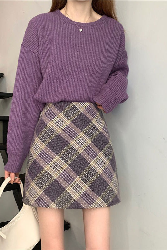 Falda acampanada de lana a cuadros de talle alto